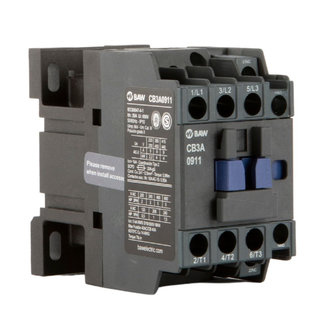 Contactor Tripolar BAW. 4kW AC3 9A 1Na+1Nc Bob: 220Vca 50-60Hz