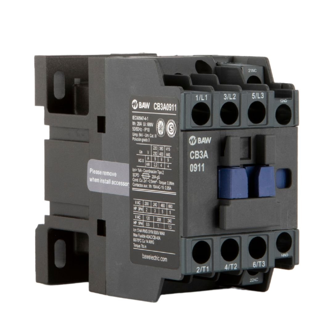 Contactor Tripolar BAW. 4kW AC3 9A 1Na+1Nc Bob: 380Vca 50-60Hz