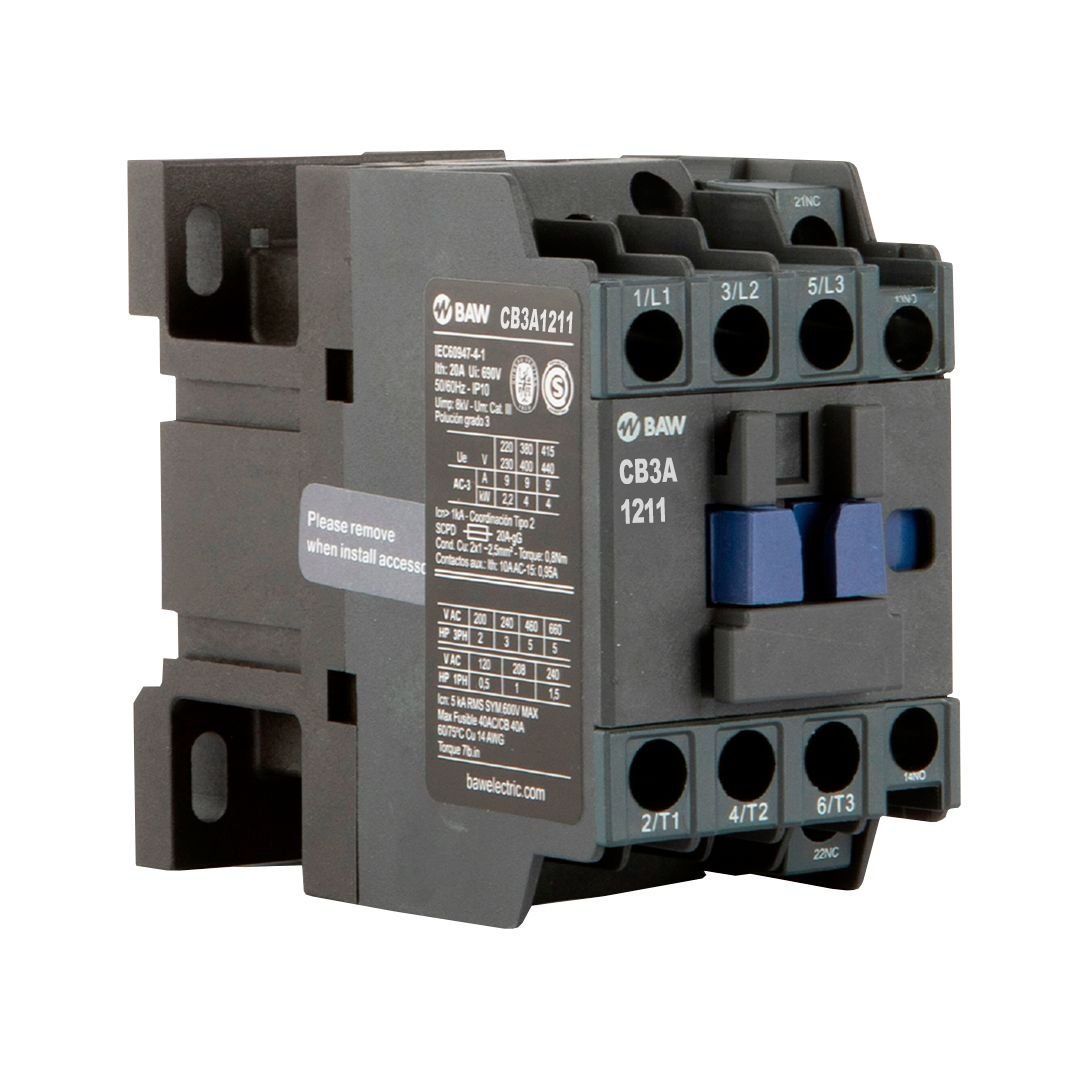 Contactor Tripolar BAW. 5,  5kW AC3 12A 1Na+1Nc Bob: 220Vca 50-60Hz