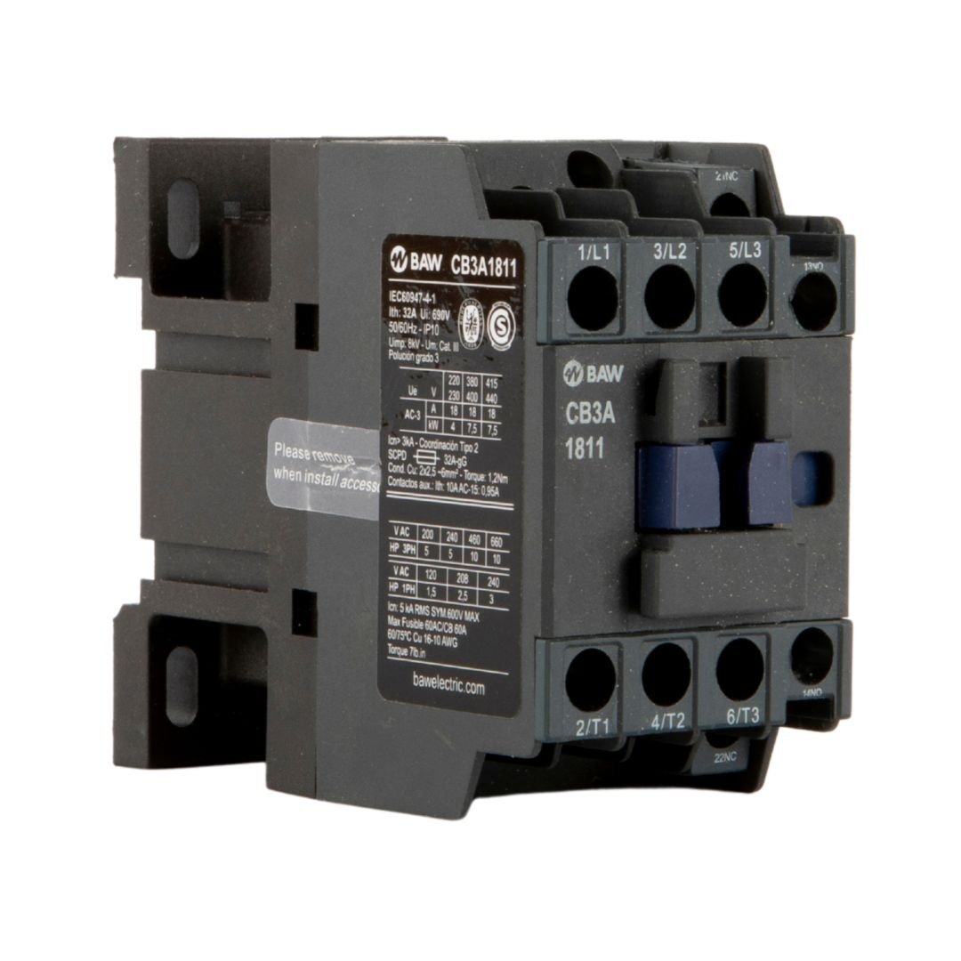Contactor Tripolar BAW. 7,  5kW AC3 18A 1Na+1Nc Bob: 24Vca 50-60Hz