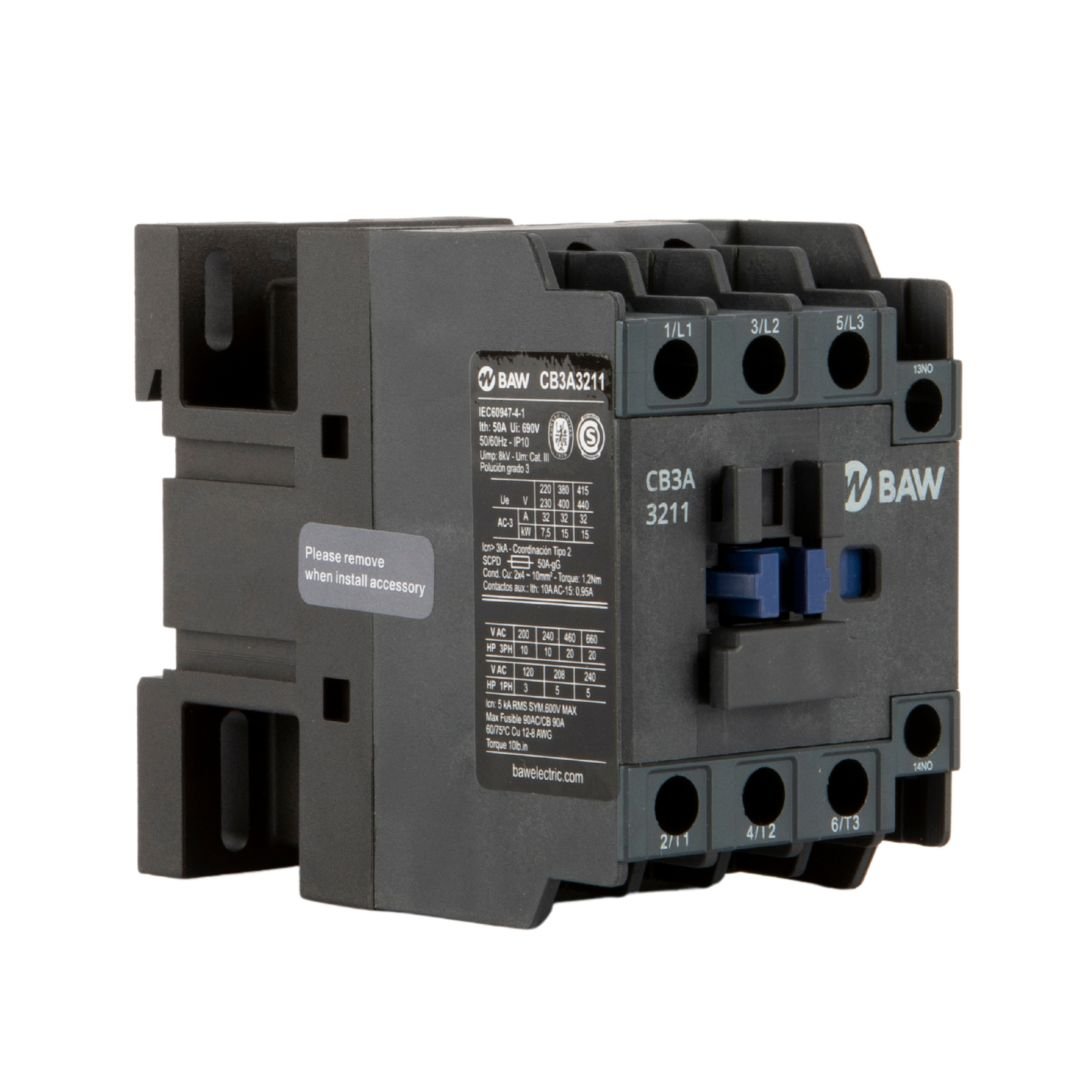 Contactor Tripolar BAW. 15kW AC3 32A 1Na+1Nc Bob: 380Vca 50-60Hz