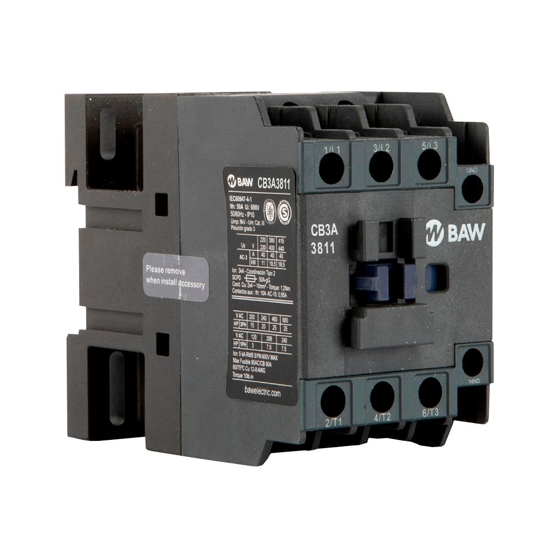 Contactor Tripolar BAW. 18,  5kW AC3 38A 1Na+1Nc Bob: 220Vca 50-60Hz