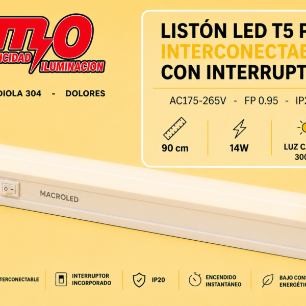 LISTON LED T5 PVC INTERCONECTABLE CON INTERRUPTOR - AC175-265V - FP0.95 - IP20 - 90cm 13W - CALIDO