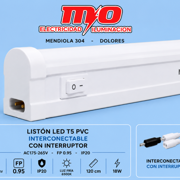 LISTON LED T5 PVC INTERCONECTABLE CON INTERRUPTOR - AC175-265V - FP0.95 - IP20 - 120cm 18W - FRIO