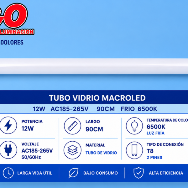 TUBO VIDRIO MACROLED 12W AC185-265V 90CM FRIO 6500K