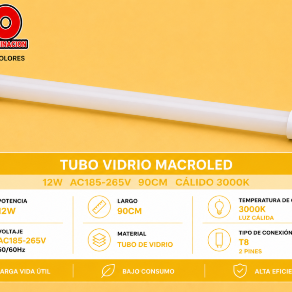 TUBO VIDRIO MACROLED 12W AC185-265V 90CM CALIDO 3000K