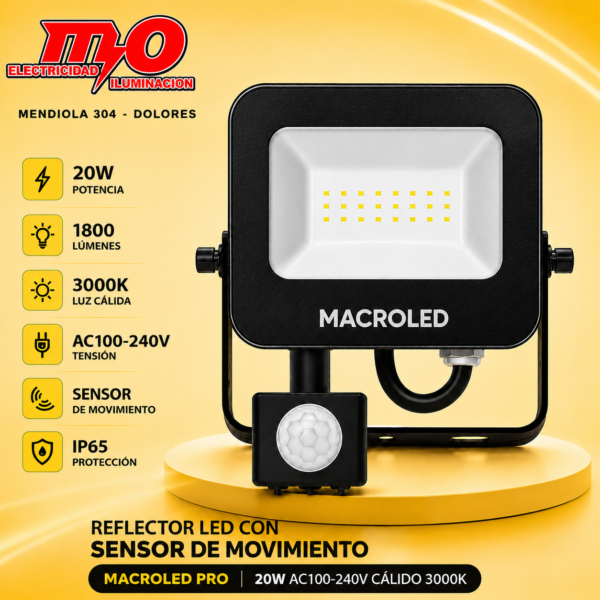 REFLECTOR LED CON SENSOR DE MOVIMIENTO MACROLED PRO 20W AC100-240V CALIDO 3000K