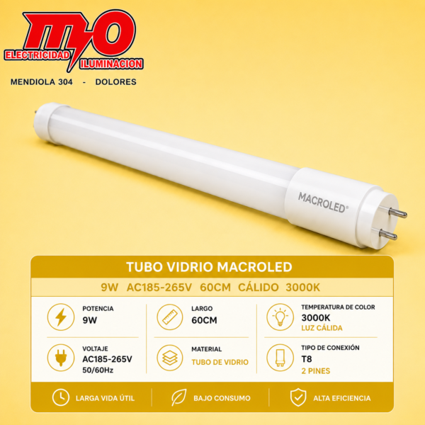 TUBO VIDRIO MACROLED 9W AC185-265V 60CM CALIDO 3000K
