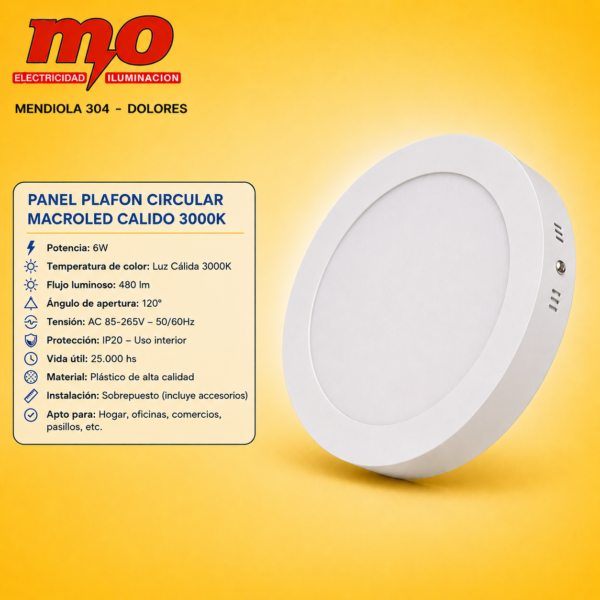 PANEL PLAFON CIRCULAR MACROLED 6W AC85-265V CALIDO 3000K