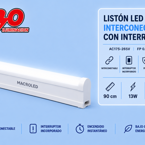 LISTON LED T5 PVC INTERCONECTABLE CON INTERRUPTOR - AC175-265V - FP0.95 - IP20 - 90cm 13W - FRIO