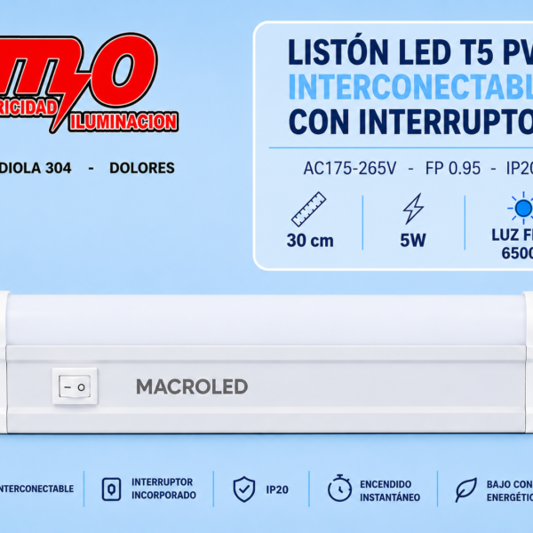 LISTON LED T5 PVC INTERCONECTABLE CON INTERRUPTOR - AC175-265V - FP0.95 - IP20 - 30cm 5W - FRIO