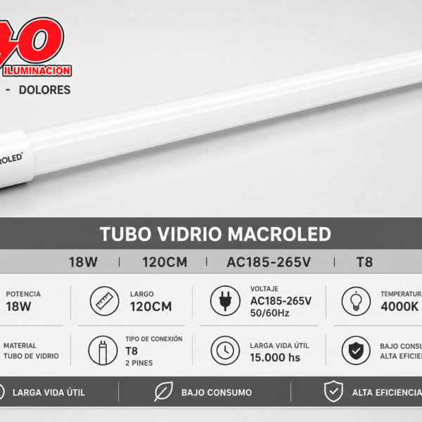 TUBO VIDRIO MACROLED 18W AC185-265V 120CM NEUTRO 4500K