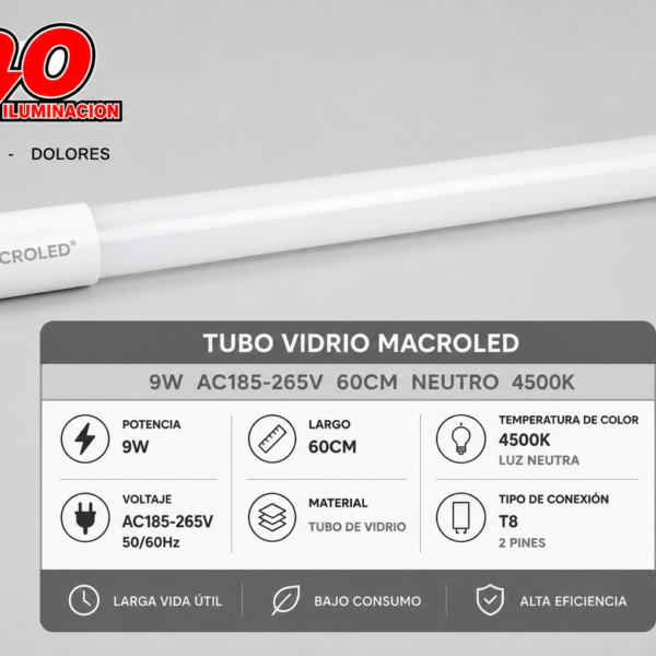 TUBO VIDRIO MACROLED 9W AC185-265V 60CM NEUTRO 4500K