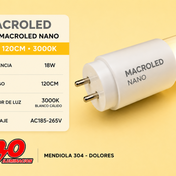 TUBO MACROLED NANO 18W AC185-265V 120CM CALIDO 3000K