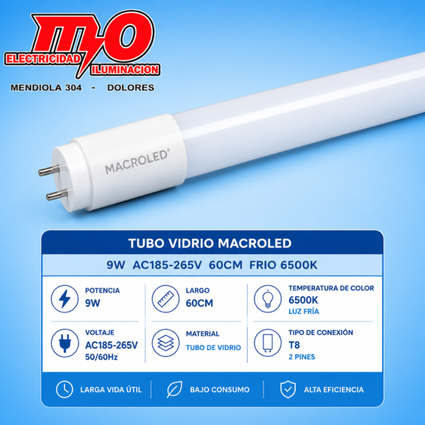 TUBO VIDRIO MACROLED 9W AC185-265V 60CM FRIO 6500K